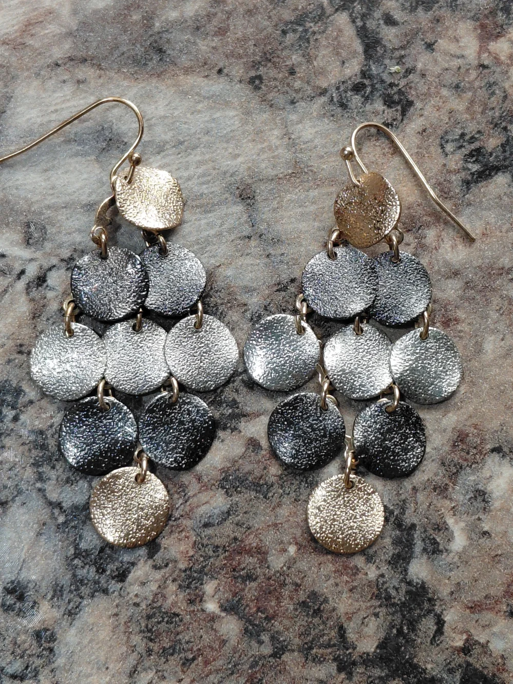 Tri Color Metal Textured Disc Layered Chandelier Vintage Dangle Earrings